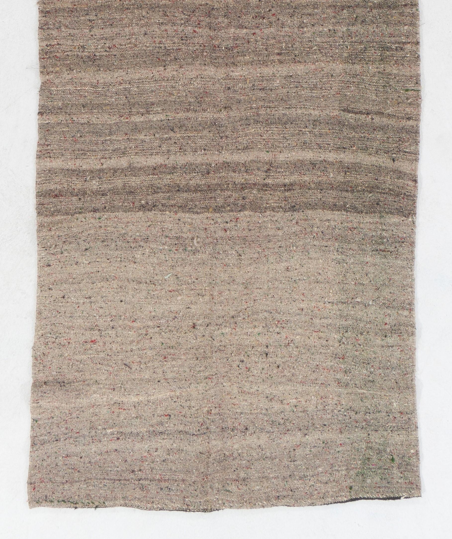 Turkish 4x13.4 Ft Handmade Runner Kilim. All Natural Light Brown Wool, Banded 1960s Rug For Sale