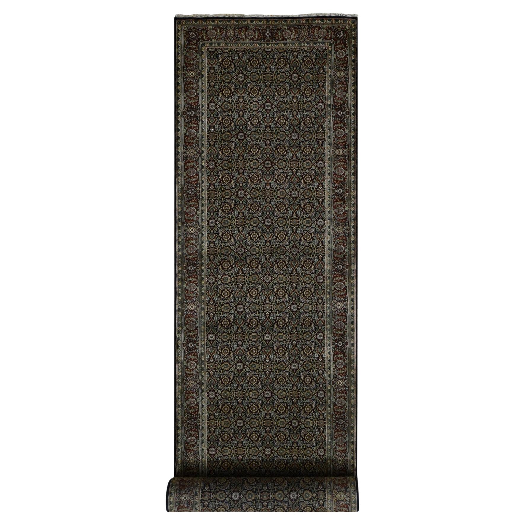 4'2"x19'10" Black Herati Fish Mahi Design 250 KPSI Hand Knotted Wool Runner Rug