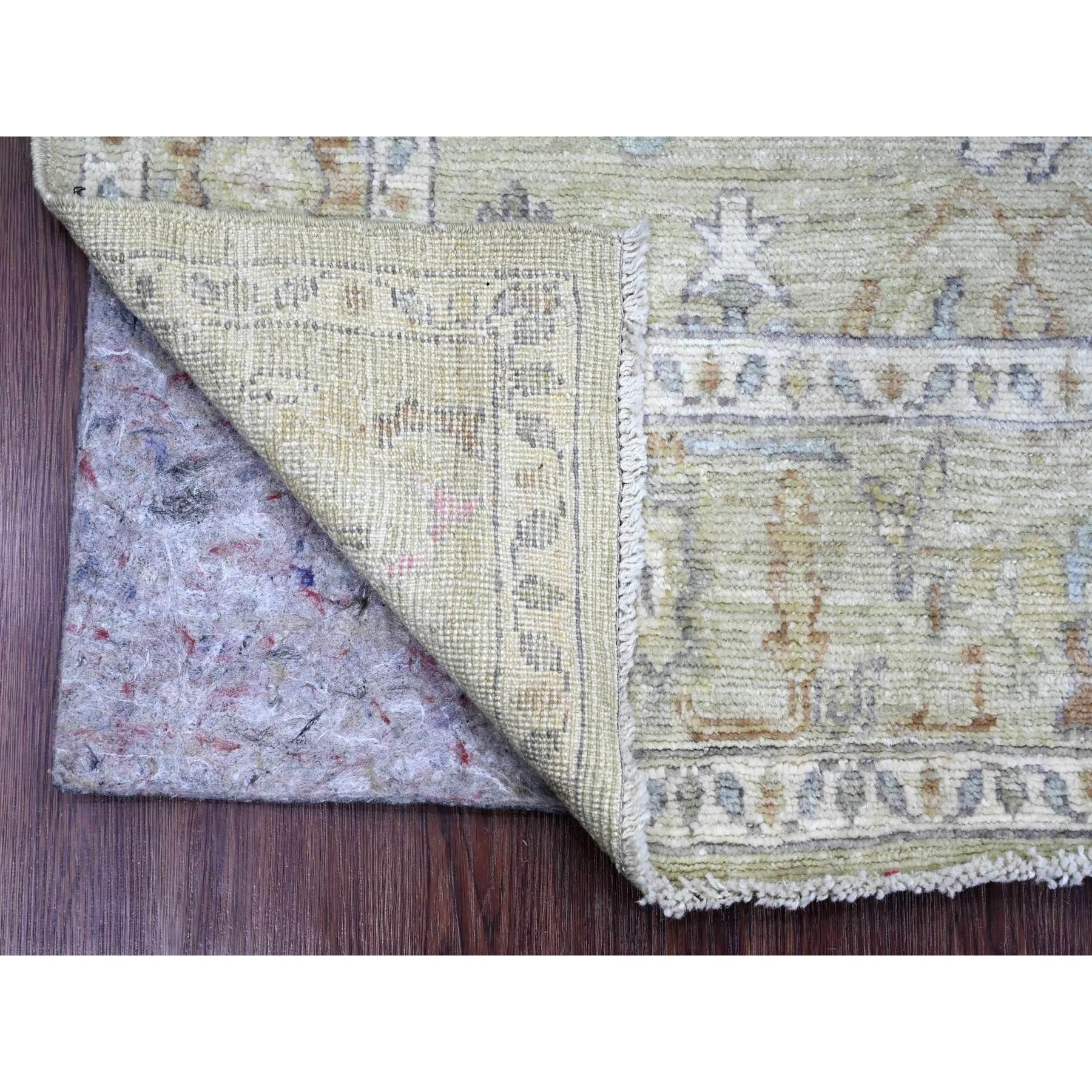 Sage Green, Hand Knotted, Afghan Angora Oushak with Leaf Design, Vegetable Dyes, 100% Wool, Square, Oriental Rug
Primary materials: Wool
Latex: No Pile 
height: 0.25 Inches
Style: Transitional
Primary color: Green
Secondary colors: Ivory, Gray,