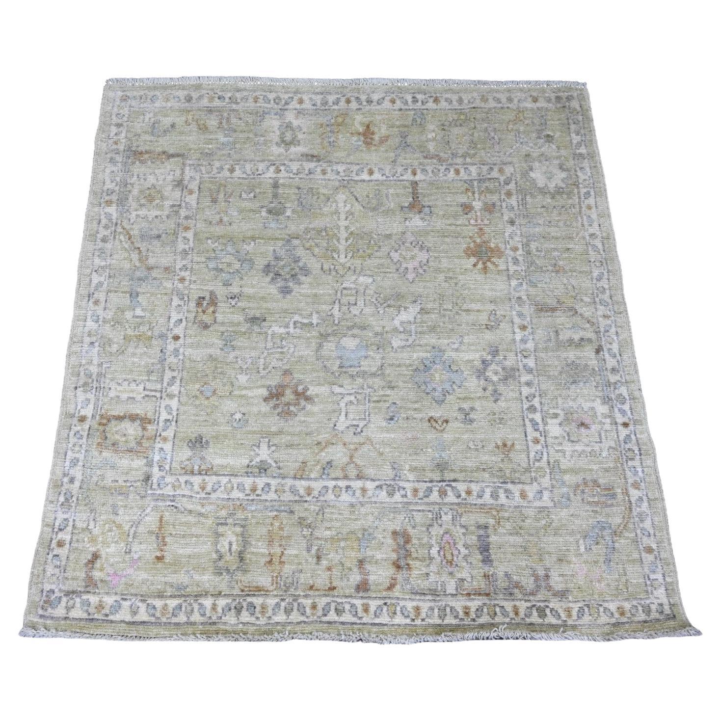 4'2"x4'2" Green Hand Knotted Afghan Angora Oushak Leaf Design Wool Square Rug