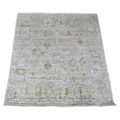 4'2"x4'2" Green Hand Knotted Afghan Angora Oushak Leaf Design Wool Square Rug