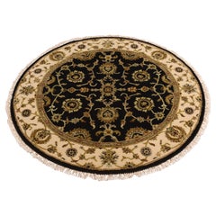 4'2"x4'2" Ink Black Rajasthan Floral Pattern Hand Knotted Wool and Silk Rug