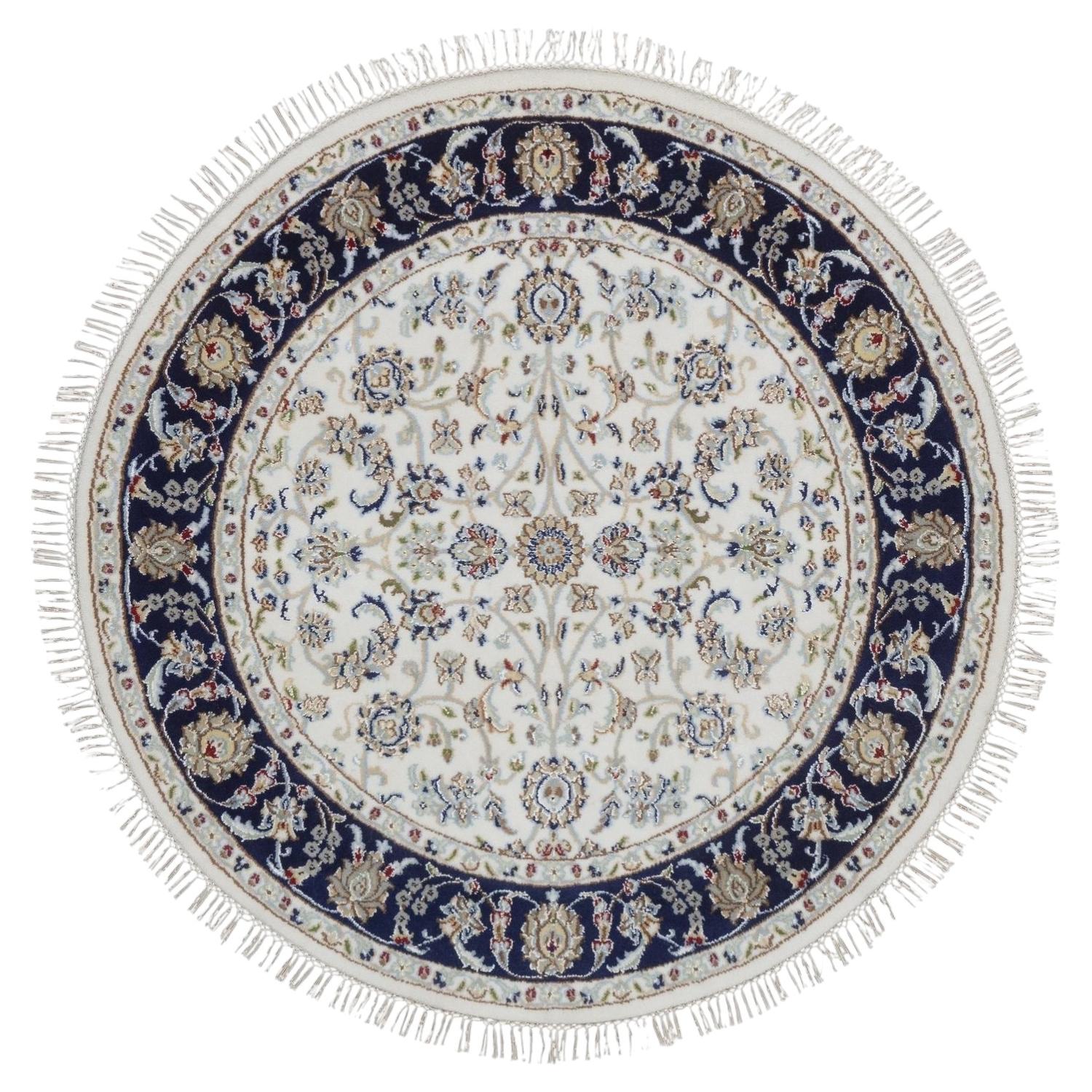 4'2"x4'2" Ivory Nain with Floral Pattern Hand Knotted Wool & Silk Round Soft Rug