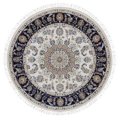 4'2"x4'2" Ivory Nain with Medallion Design Hand Knotted Wool and Silk Round Rug