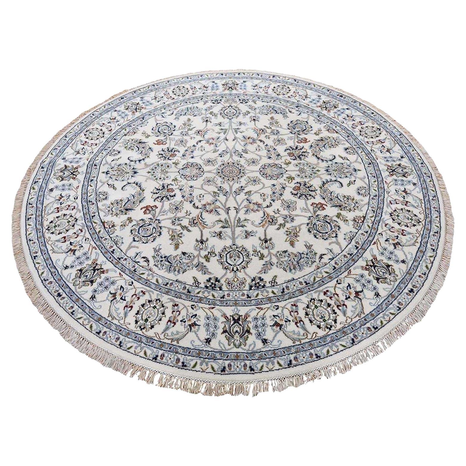 4'2"x4'2" Ivory Wool & Silk 250 Kpsi All Over Design Nain Hand Knotted Round Rug