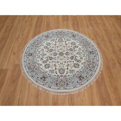 4'2 "x4'2" Reis Weiß Nain All Over Design Wolle & Seide Hand geknüpft Runde Teppich