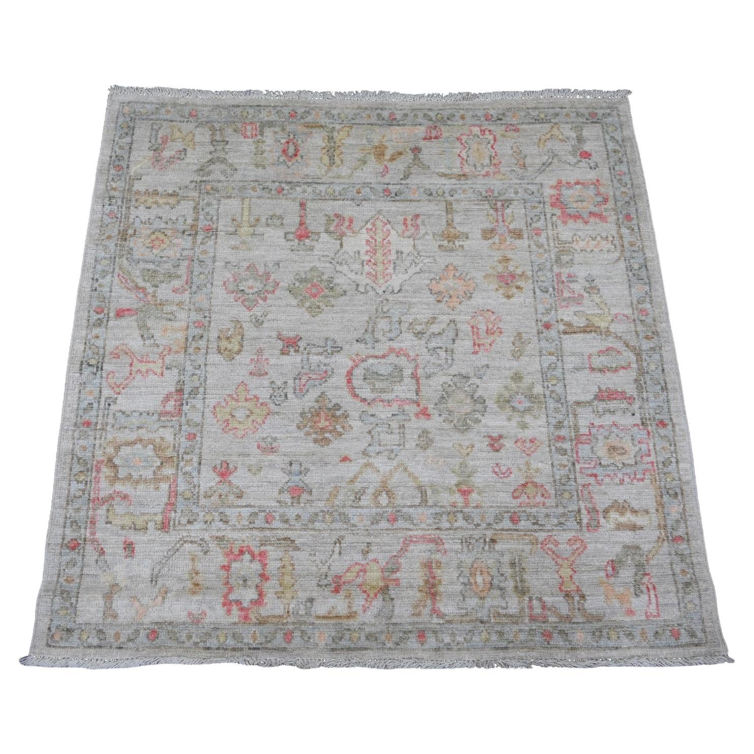 4'2"x4'2" White Afghan Angora Oushak All Over Motif Hand Knotted Wool Square Rug For Sale
