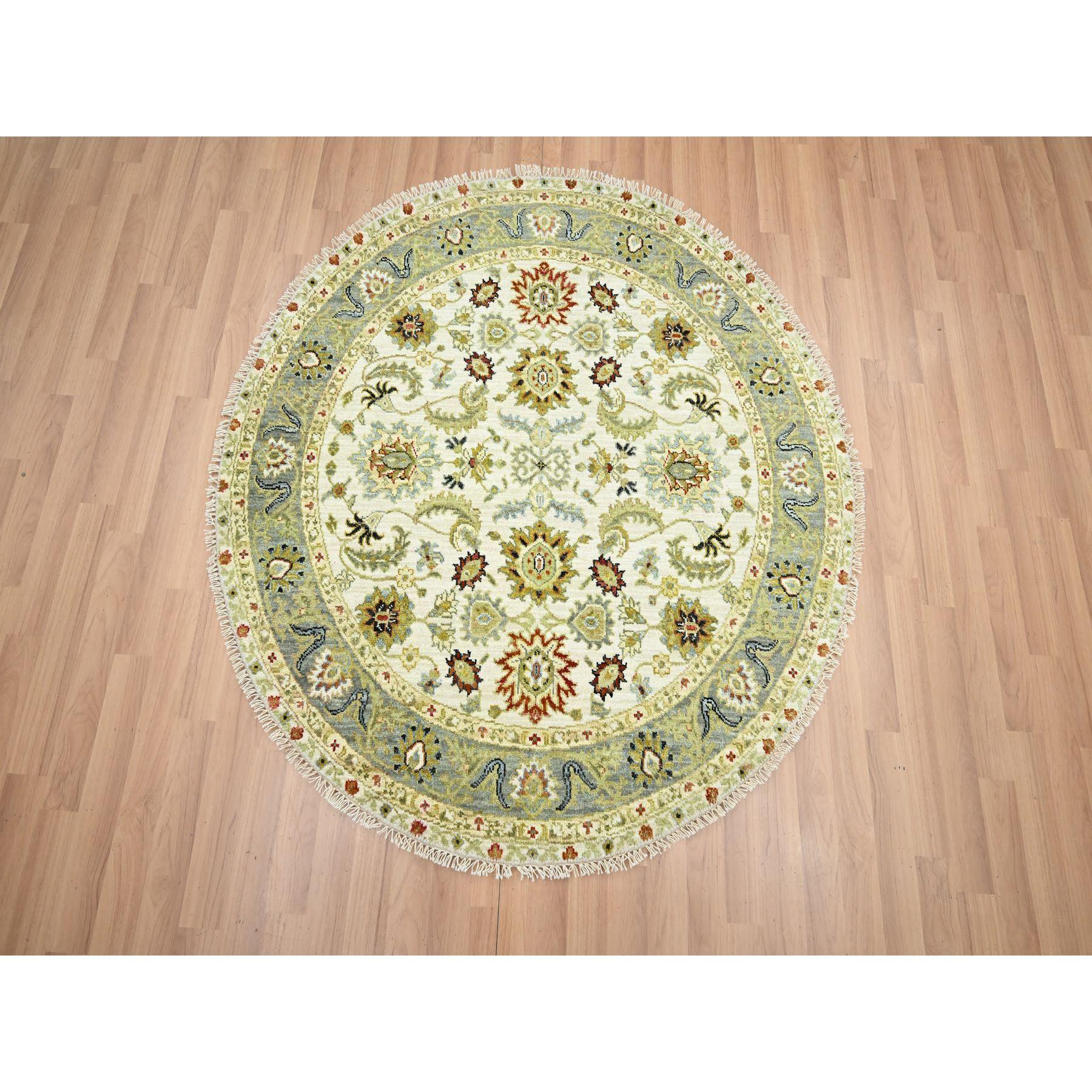 Chiffon White, Agra with Ziegler Design, Pure Wool, Hand Knotted, Natural Dyes, Round, Oriental Rug
Primary materials: Wool
Latex: No Pile 
height: 0.25 Inches
Style: Traditional
Primary color: Ivory
Secondary colors: Green, Red, Yellow,