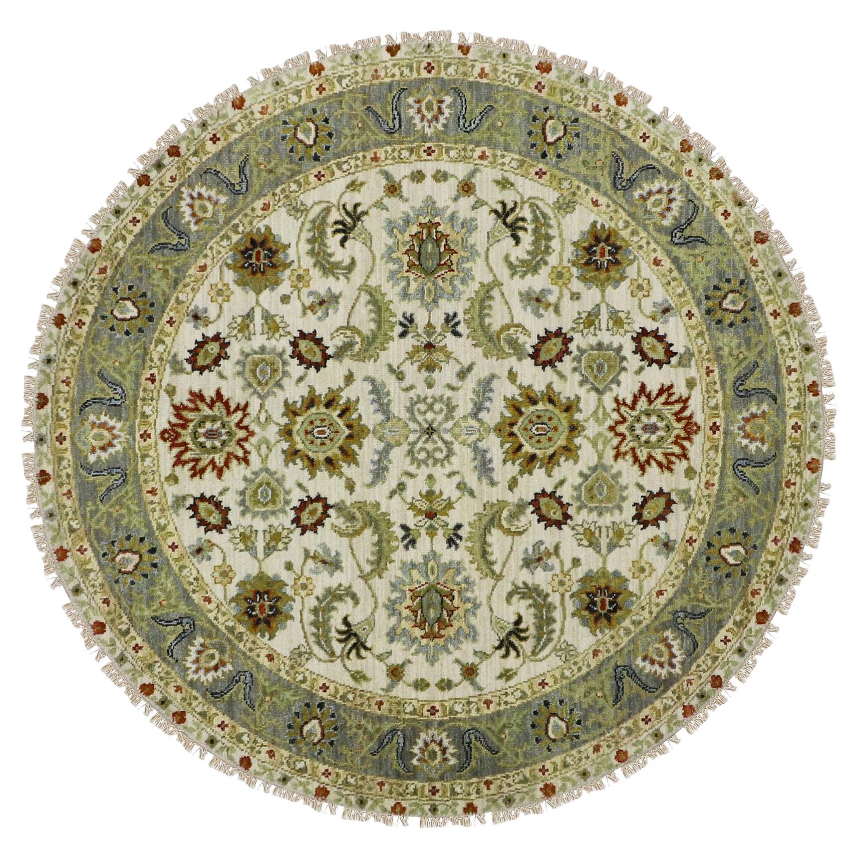 4'2"x4'2" White Agra with Ziegler Design Pure Wool Hand Knotted Round Rug For Sale
