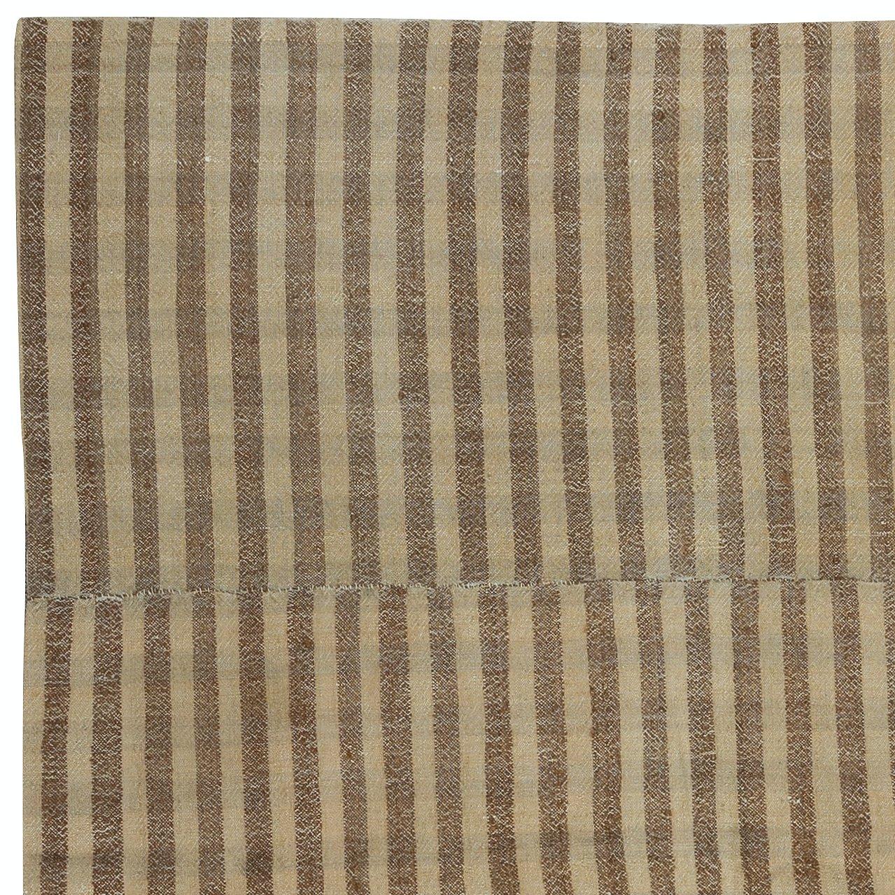Turkish 4.2x4.6 Ft Flat-Weave Vintage Anatolian Kilim, Hand-Woven Striped Rug, 100% Wool For Sale