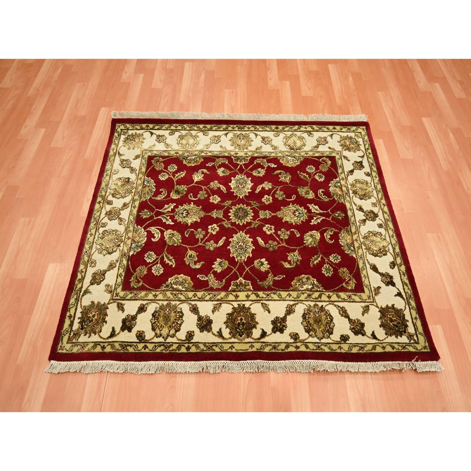 Carmine Red, Rajasthan with All Over Leaf Design, Hand Knotted, Wool and Silk, Soft Pile, Thick and Plush, Squarish, Oriental Rug
Primary materials: Wool & Silk
Latex: No Pile 
height: 0.25 Inches
Style: Traditional
Primary color: Red
Secondary
