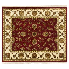 4'2"x5' Red Rajasthan with Leaf Design Hand Knotted Wool and Silk Squarish Rug