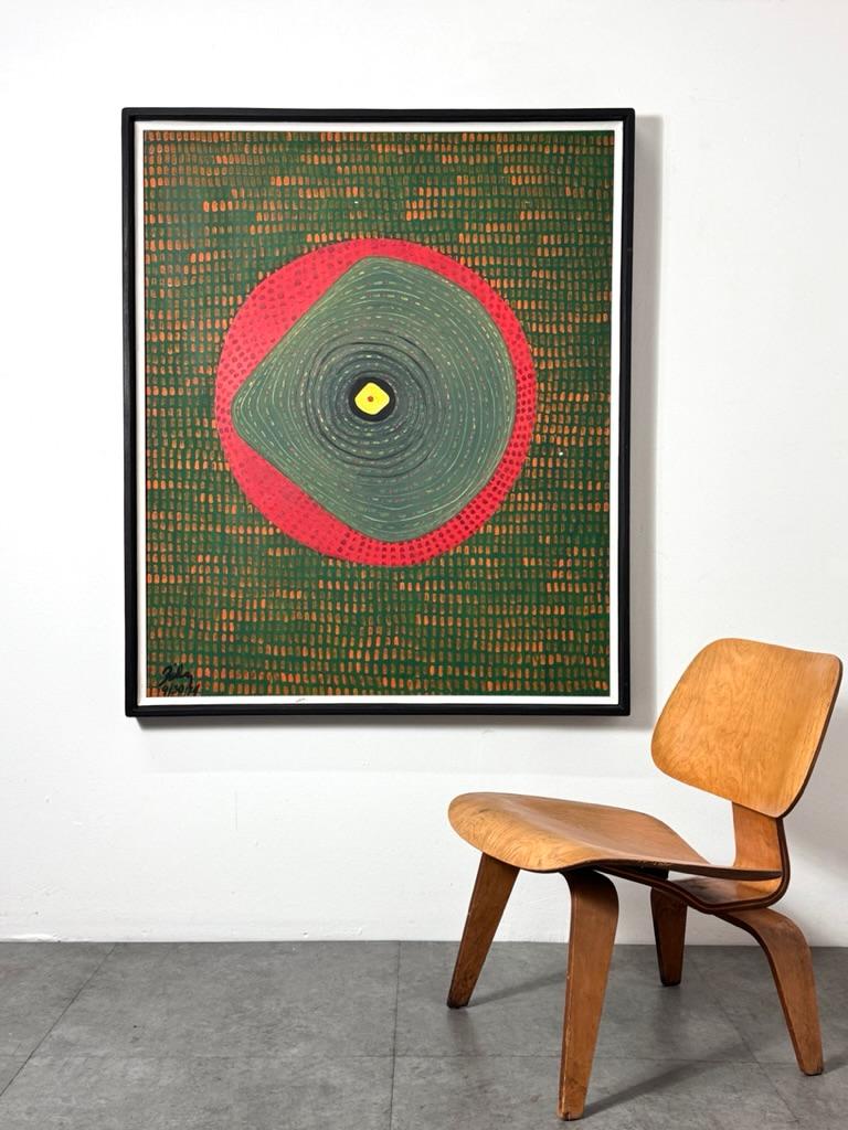 Massive abstract folk art painting signed by the artist and dated 1974

A colorful statement piece in greens and reds with yellow center eye detail
Presumably originated in the Santa Fe New Mexico area
Original hand painted frame

42 inch width
50