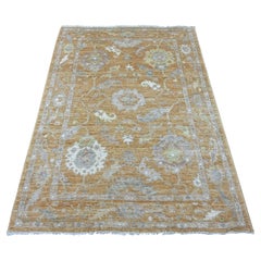 4'2"x5'10" Golden Brown Pure Wool Afghan Angora Oushak Hand Knotted Oriental Rug