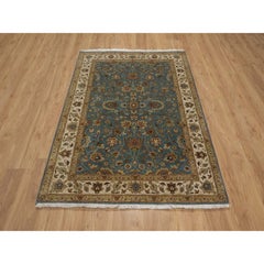Tappeto orientale in lana neozelandese 4'2 "x5'10" blu oceano annodato a mano Tabriz Revival