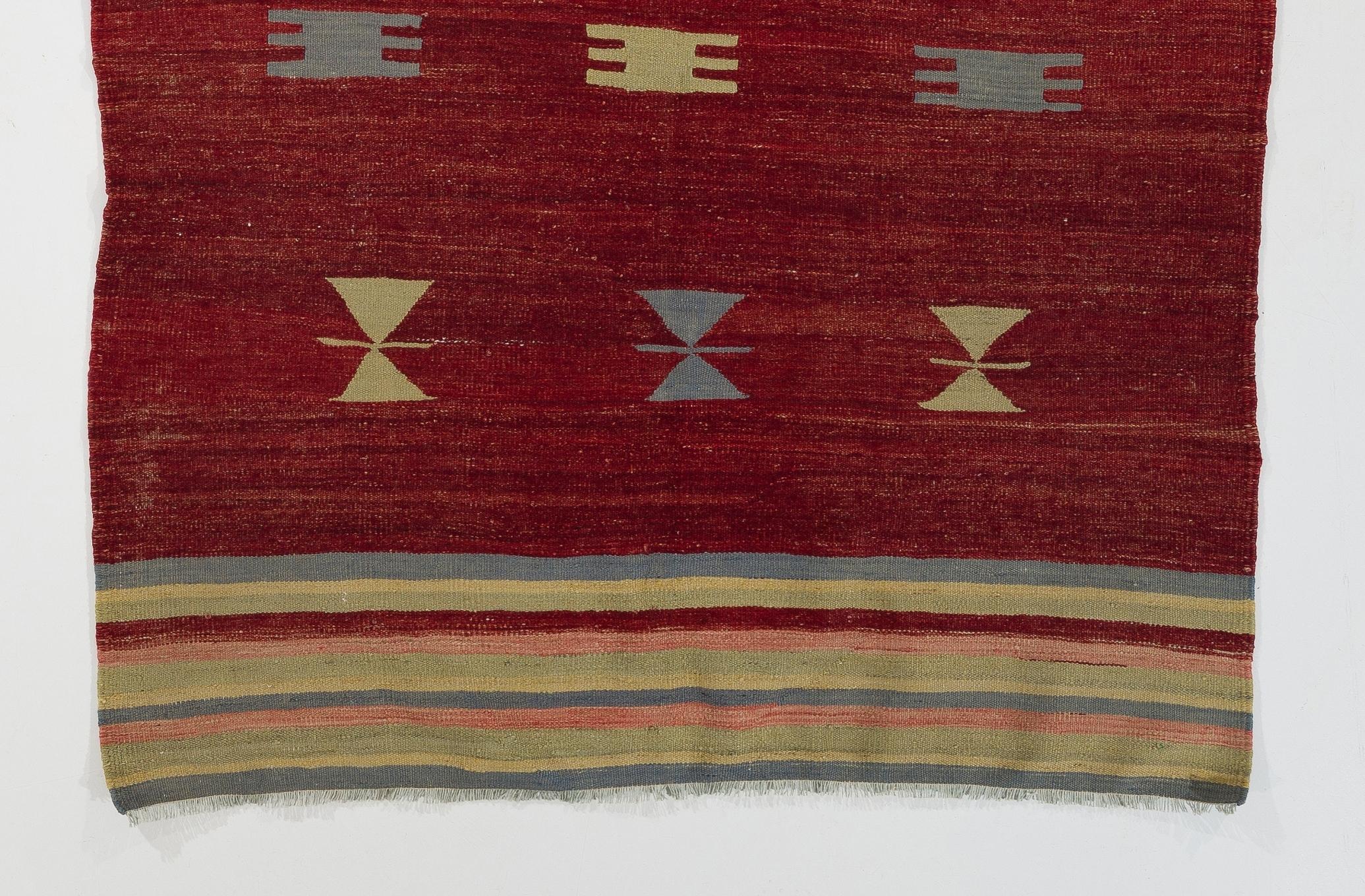 Turkish 4.2x5.5 Ft Hand-Woven Vintage Anatolian Wool Kilim Rug, Flat-Weave Carpet For Sale
