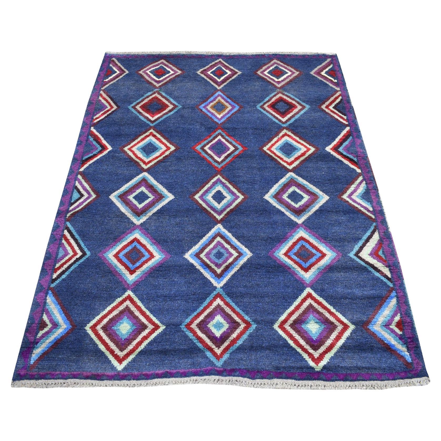 4
2"x5
7" Blue Colorful Afghan Baluch Geometric Design Hand Knotted Wool Rug For Sale