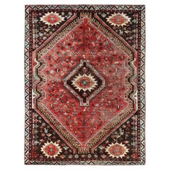 4'2"x5'7" Crimson Red Vintage Persian Shiraz Hand Knotted Pure Wool Oriental Rug