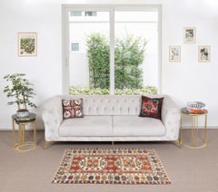 Tappeto vintage annodato a mano 4.2x5.7 Ft - Tappeto geometrico in ruggine, avorio e marina