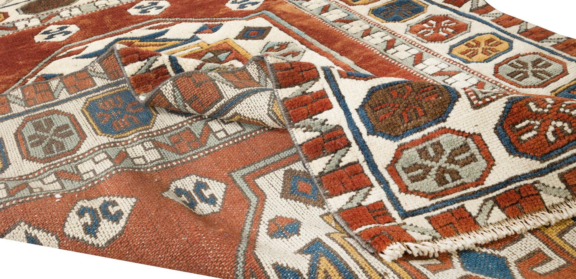 Alfombra decorativa turca roja hecha a mano de 4,2 x 5,7 pies, alfombra moderna de diseño geométrico Moderno en venta