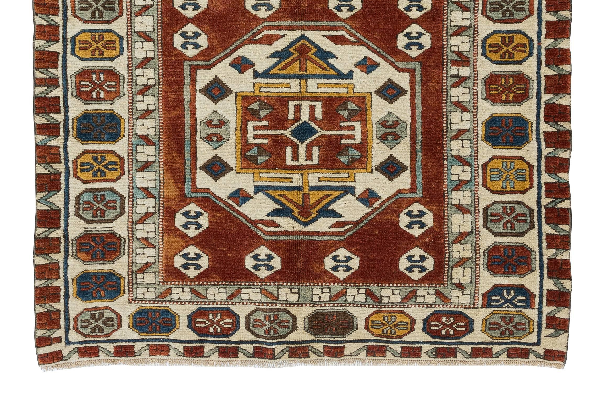Alfombra decorativa turca roja hecha a mano de 4,2 x 5,7 pies, alfombra moderna de diseño geométrico Anudado a mano en venta