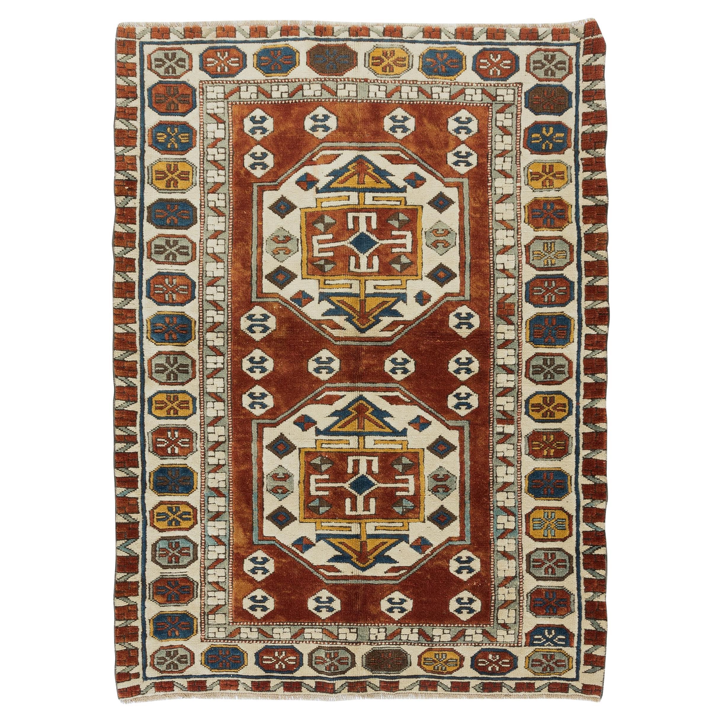 4.2x5.7 Ft Vintage Hand Knotted Turkish Red Rug, One-of-a-Kind Geometric Carpet For Sale