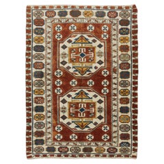 4.2x5.7 Ft Retro Hand Knotted Turkish Red Rug, One-of-a-Kind Geometric Carpet