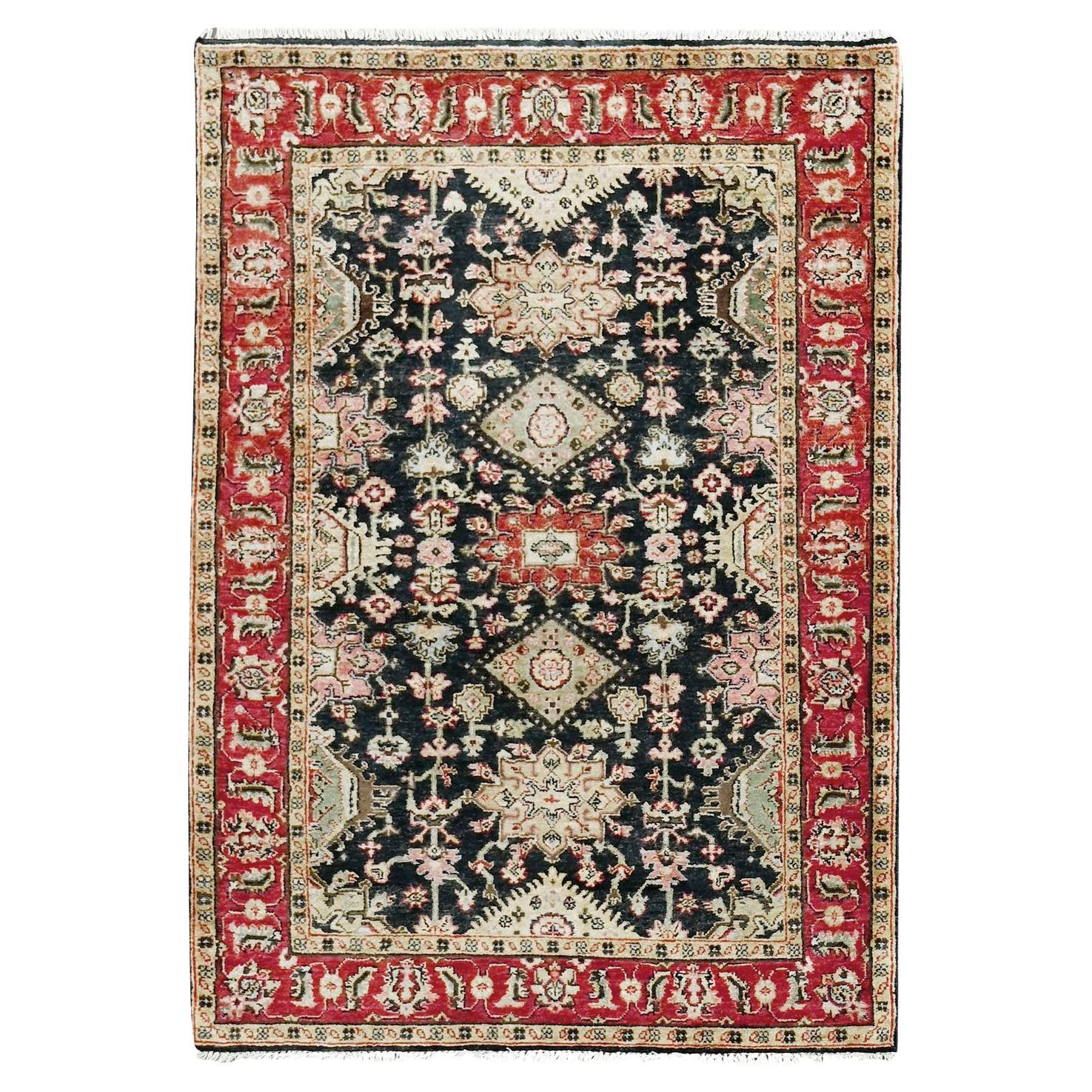 4'2"x6' Black and Red Karajeh Design Pure Wool Hand Knotted Oriental Rug