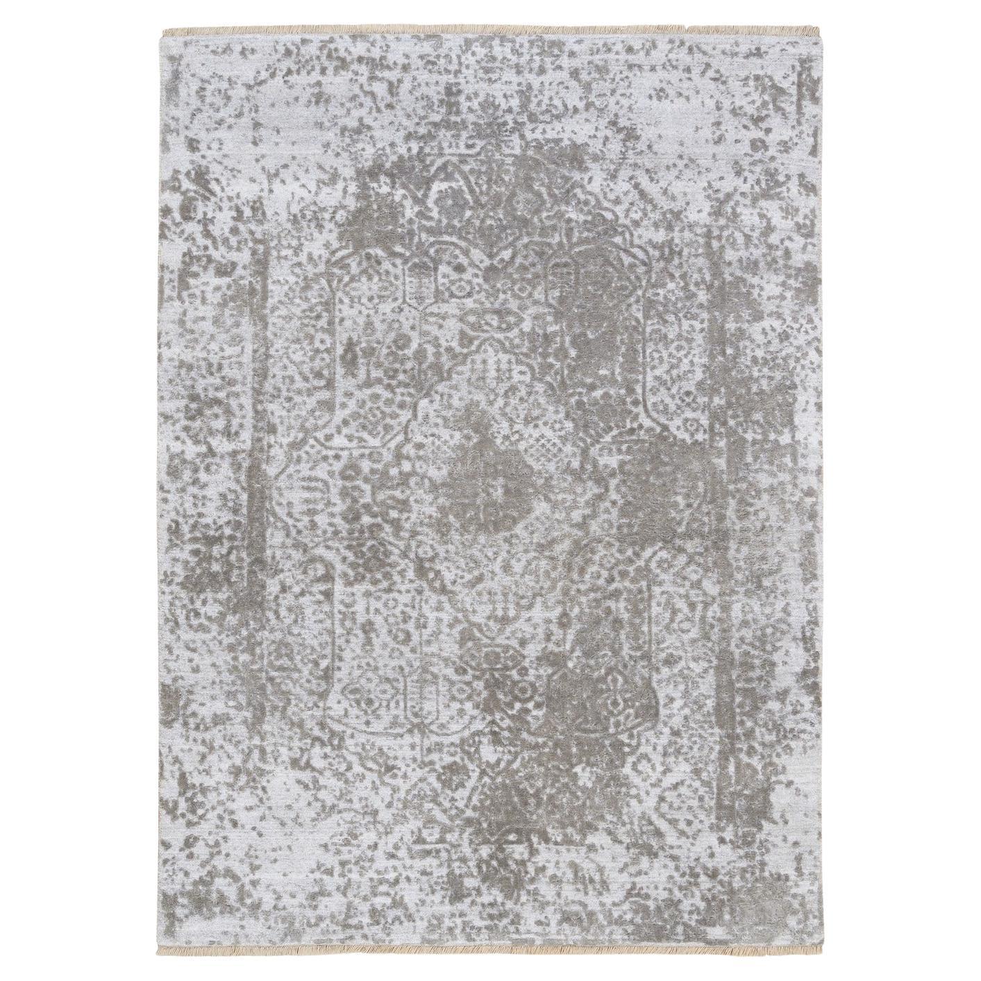 4'2"x6' Broken Persian Design Wool and Pure Silk Hand Knotted Ivory Rug