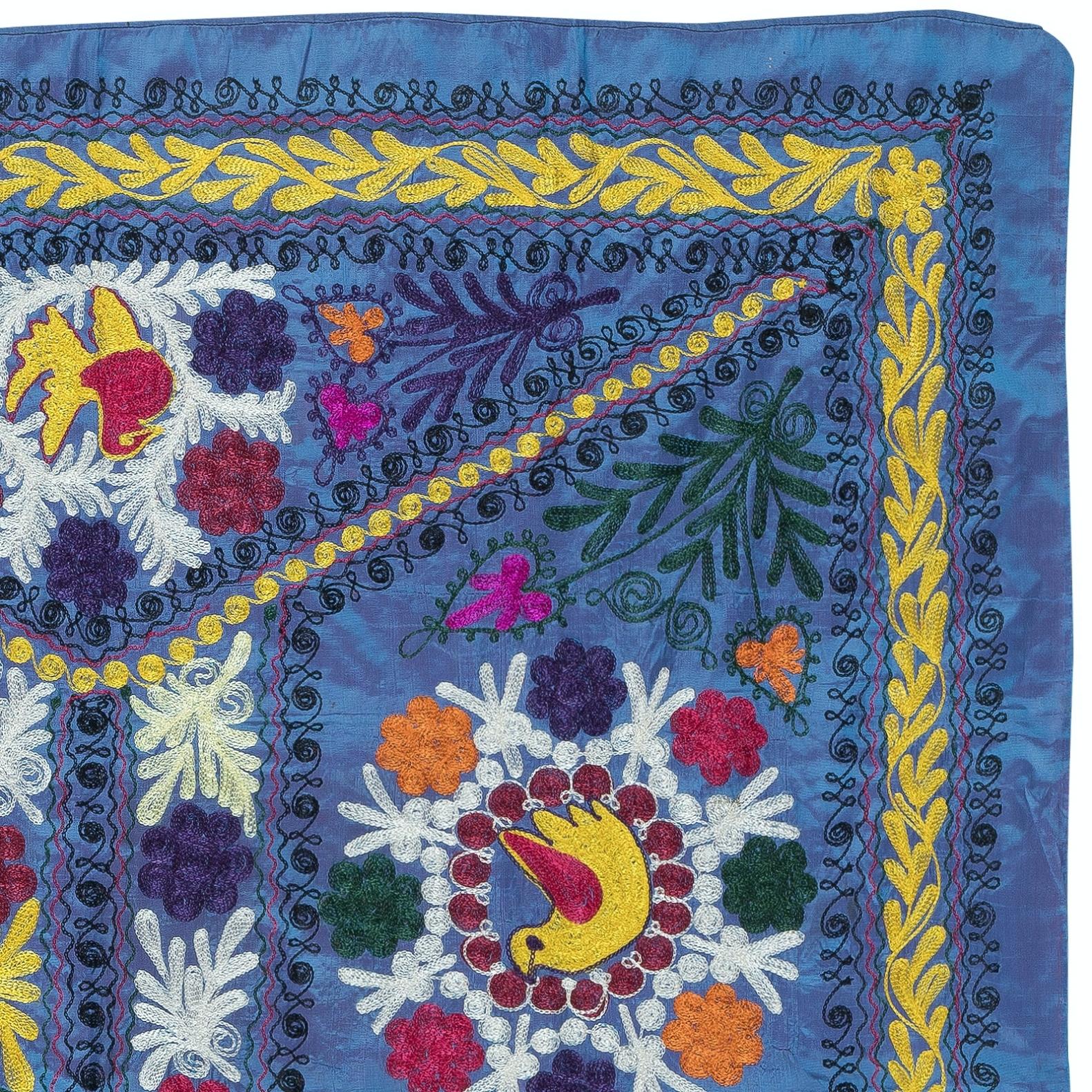 Suzani 4.2x6 Ft Embroidered Silk & Cotton Wall Hanging. Blue Bed Cover. New Tablecloth For Sale
