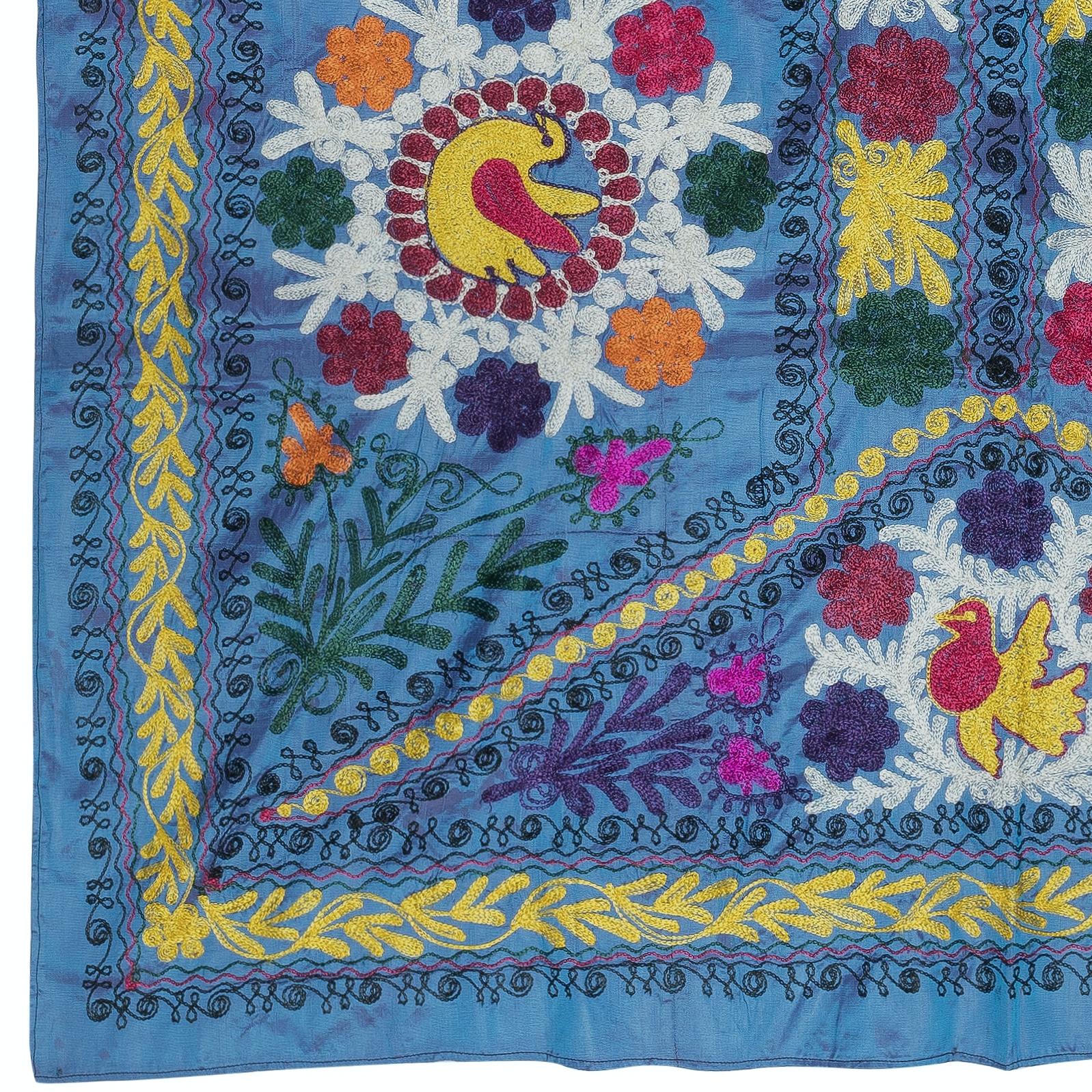 Central Asian 4.2x6 Ft Embroidered Silk & Cotton Wall Hanging. Blue Bed Cover. New Tablecloth For Sale