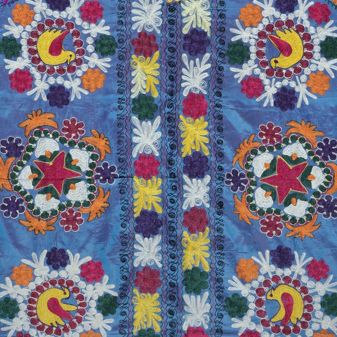 4.2x6 Ft Embroidered Silk & Cotton Wall Hanging. Blue Bed Cover. New Tablecloth In New Condition For Sale In Spring Valley, NY