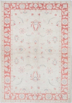 4.2x6 ft Hand Knotted Floral Turkish Accent Rug in Beige and Red. 100% Wool