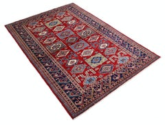 4.2x6 ft Hand geknüpft Rot, Blau und Beige Türkisch Akzent Teppich mit Stammes-Motiv