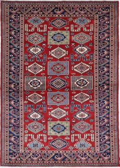 4.2x6 ft Hand geknüpft Rot, Blau und Beige Türkisch Akzent Teppich mit Stammes-Motiv