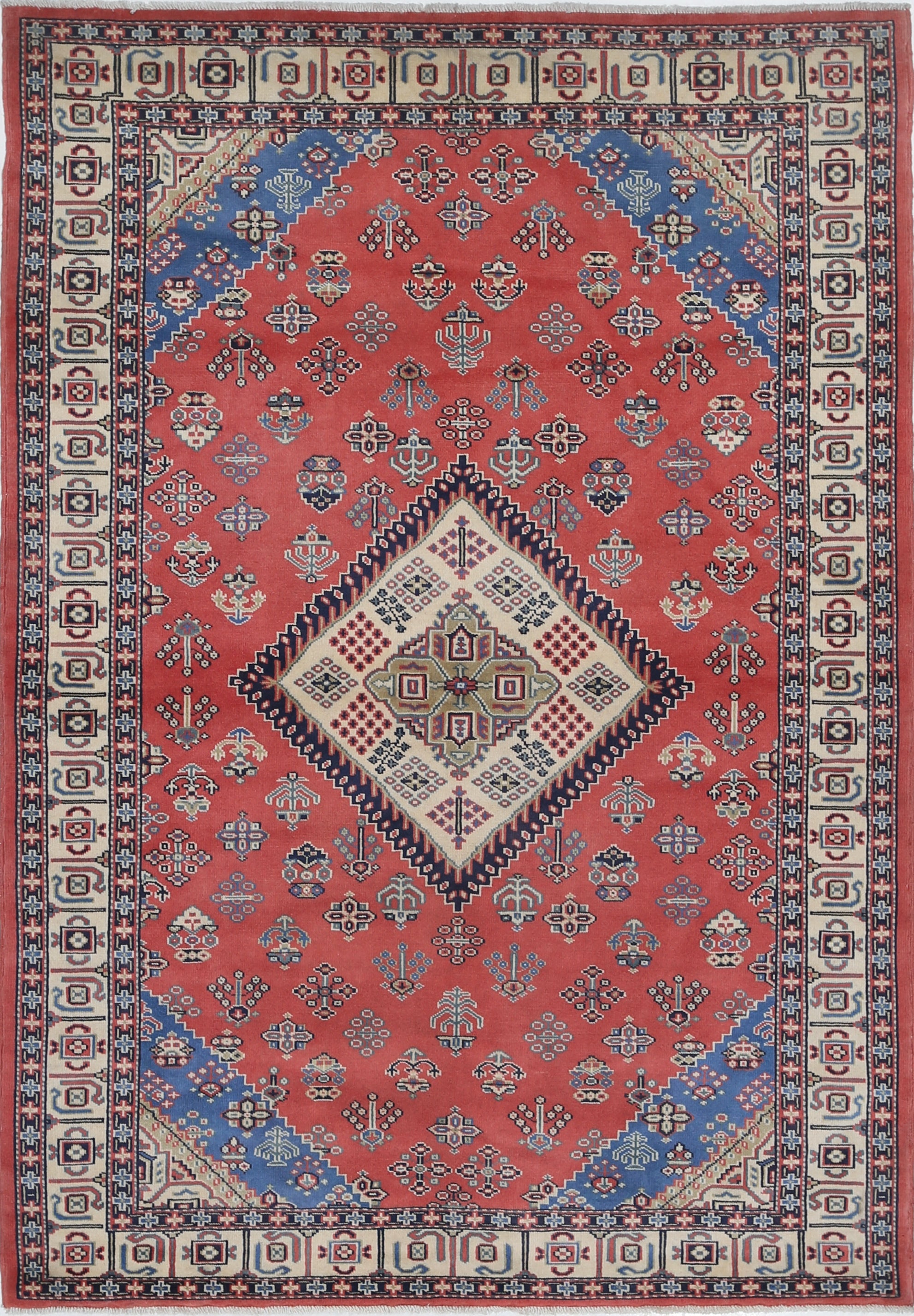 4.2x6 ft Hand Knotted Tribal Rug. Red Turkish Accent Rug with Medallion Design For Sale