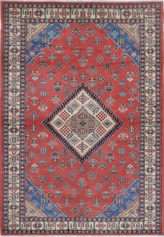 4.2x6 ft Hand Knotted Tribal Rug. Red Turkish Accent Rug with Medallion Design