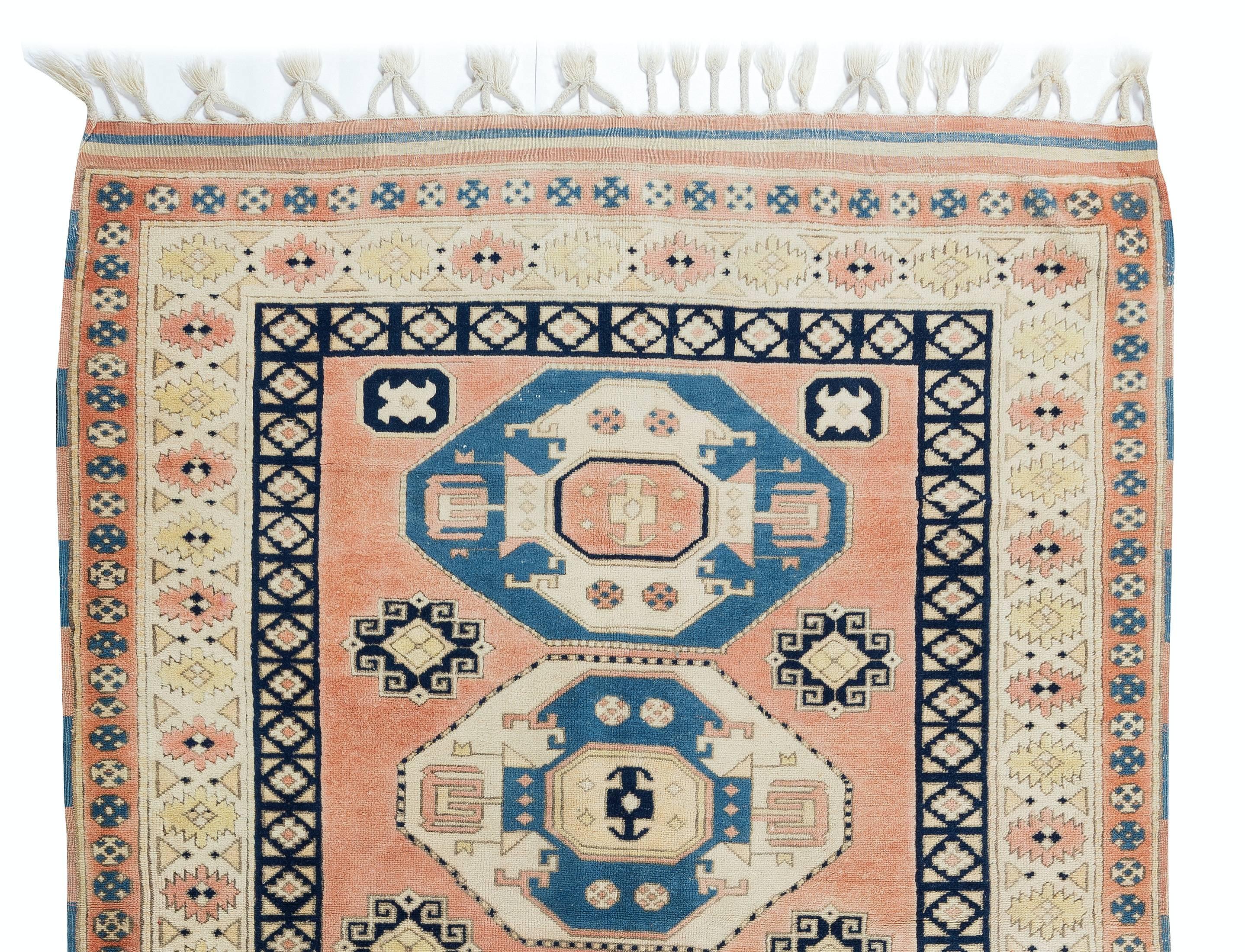 Hand-Knotted 4.2x6 Ft Vintage Handmade Turkish Rug, One-of-a-Kind Geometric Pattern Carpet For Sale