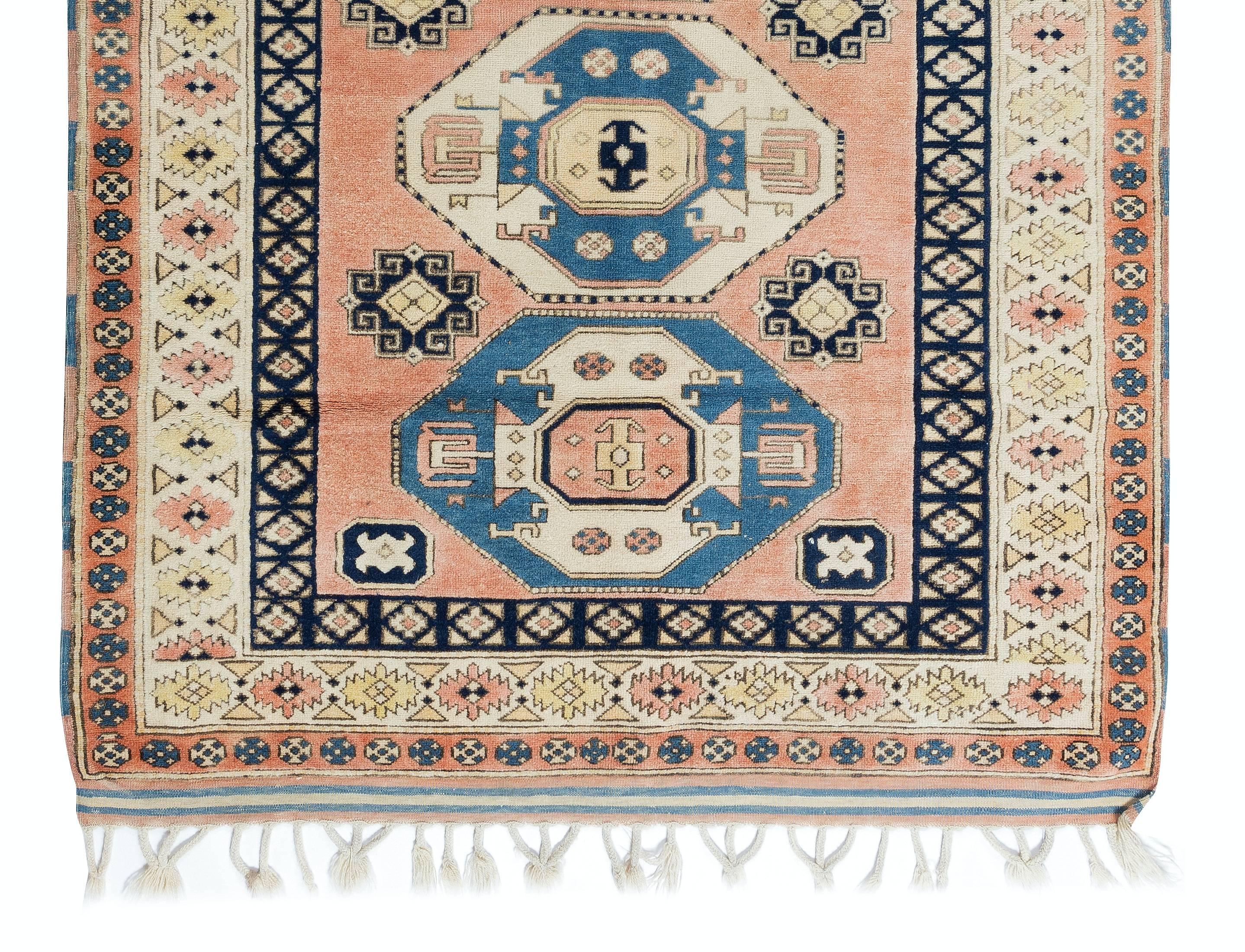 Turc 4.2x6 Ft Vintage Handmade Turkish Rug, One-of-a-Kind Geometric Pattern Carpet (tapis à motifs géométriques) en vente