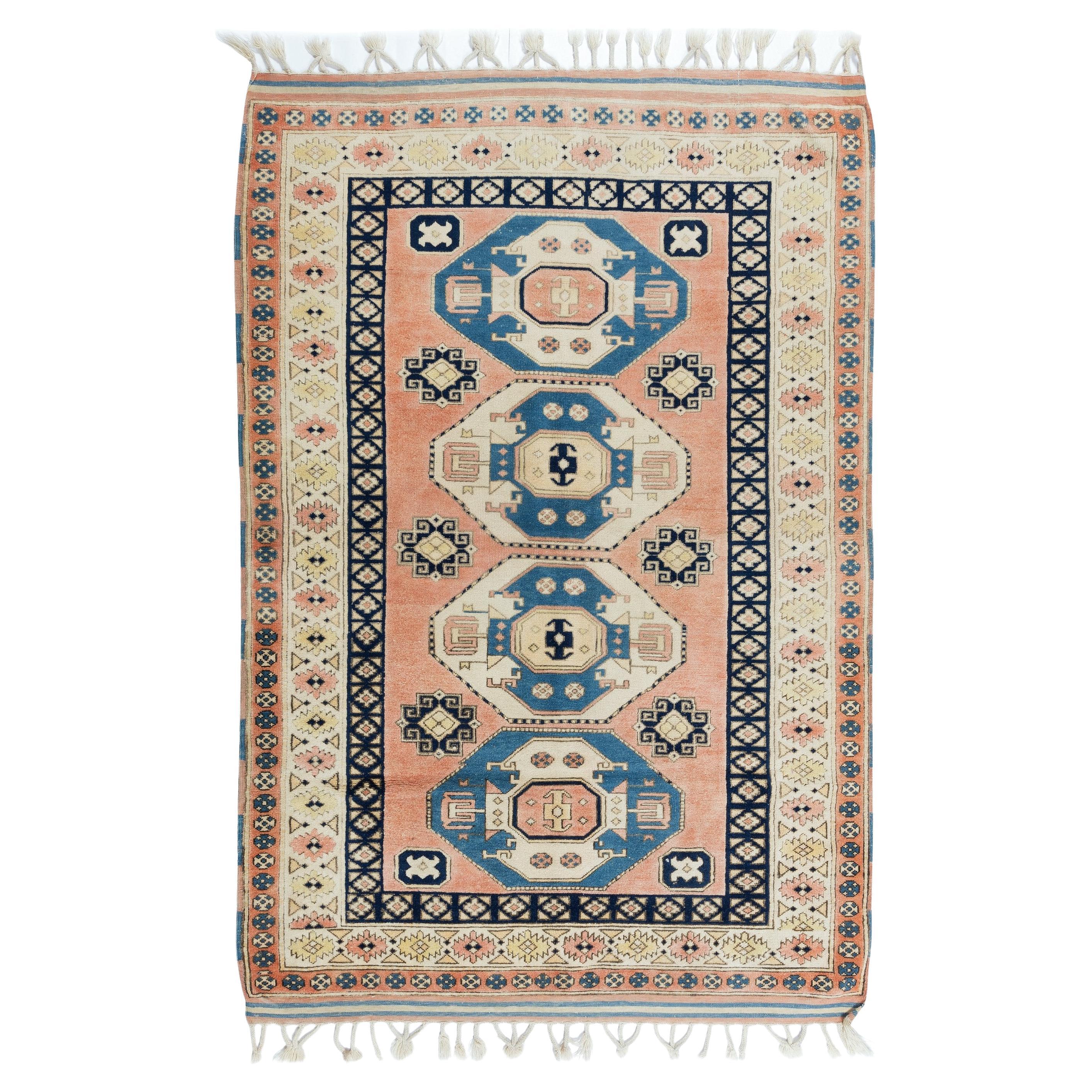 4.2x6 Ft Vintage Handmade Turkish Rug, One-of-a-Kind Geometric Pattern Carpet For Sale