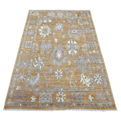 4'2"x6' Golden Brown Hand Knotted Afghan Angora Oushak Pure Wool Oriental Rug