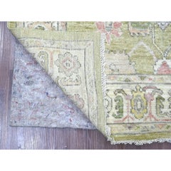 4'2"x6' Green Hand Knotted Afghan Angora Oushak Leaf Design Wool Oriental Rug