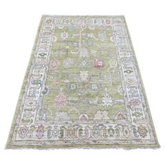 4'2"x6' Green Hand Knotted Afghan Angora Oushak Leaf Design Wool Oriental Rug