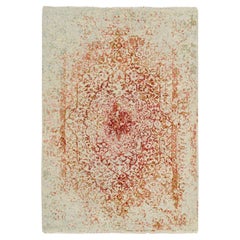 4'2"x6' Ivory Hand Knotted Persian Erased Medallion Design Wool and Silk Rug