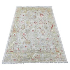 4'2"x6' Light Gray Afghan Angora Oushak Hand Knotted Pure Wool Oriental Rug