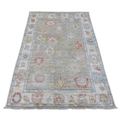 4'2 "x6'1" Artichoke Green Tapis d'Orient Afghan Angora Oushak Wool noué à la main