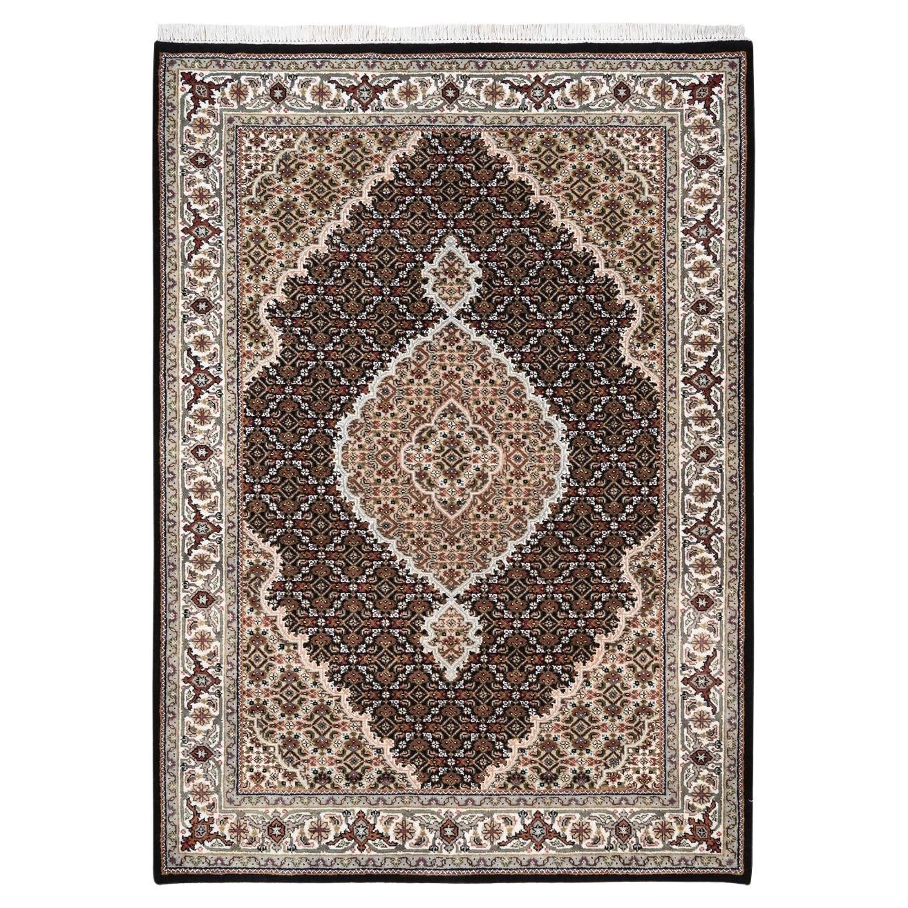 4'2"x6'1" Hand Knotted Black Tabriz Mahi Fish Medallion Design Wool And Silk Rug
