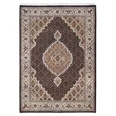 4'2"x6'1" Hand Knotted Black Tabriz Mahi Fish Medallion Design Wool And Silk Rug