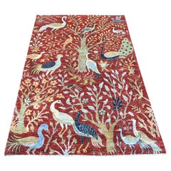 Tappeto in lana morbida annodato a mano 4'2 "x6'1" rosso Peshawar con disegno Uccelli del Paradiso
