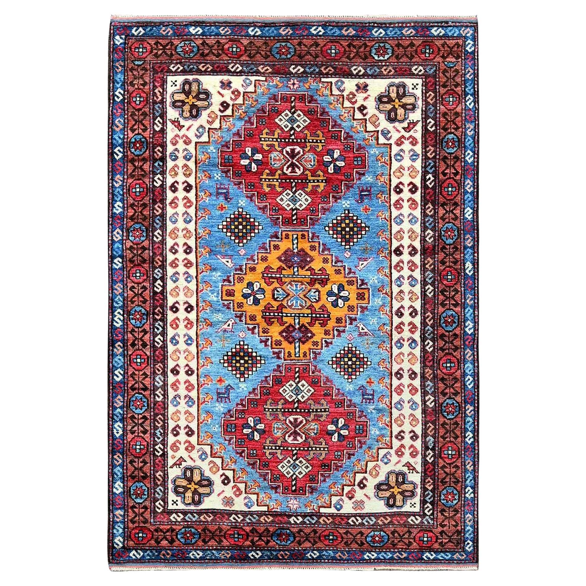 4'2 "x6'2" Blauer afghanischer Ersari mit kaukasischem Design Revival handgeknüpfter Wollteppich